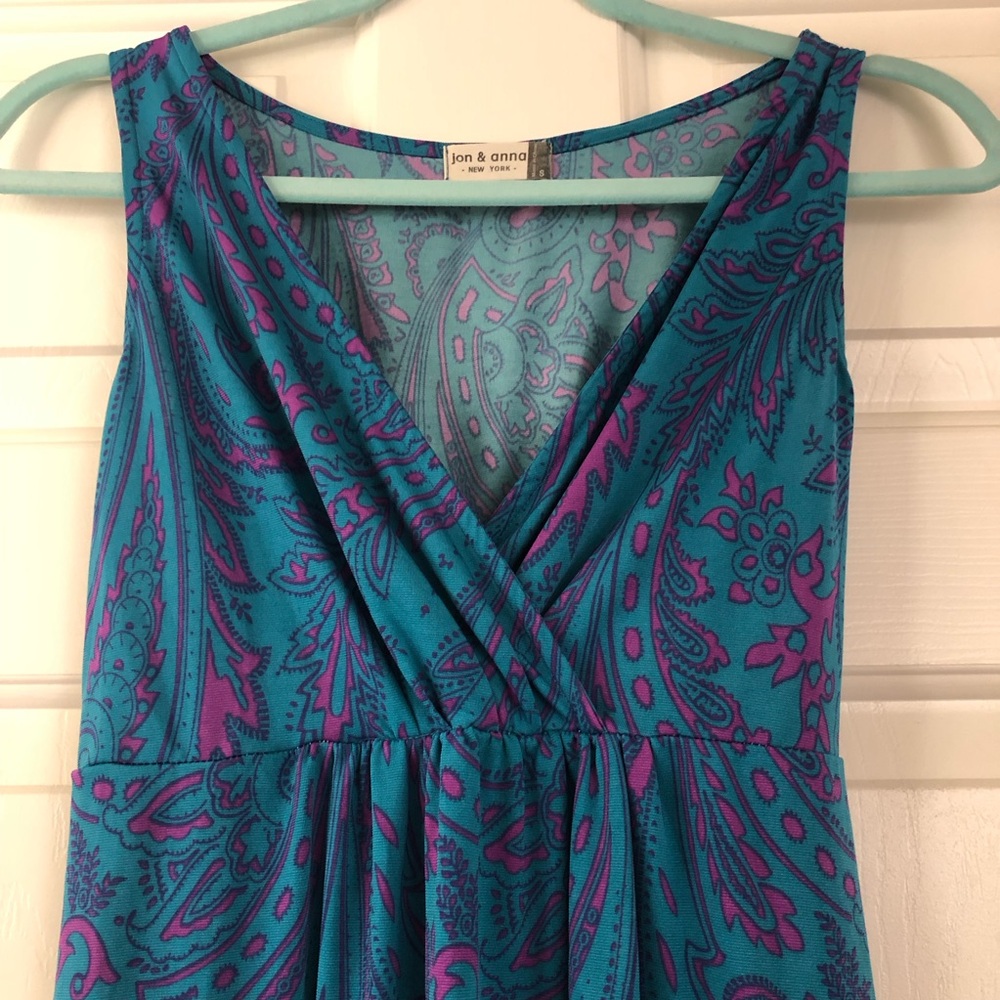 Women Jon & Anna Midi Dress Teal & Pink Sz Small Sleeveless V-Neck Elastic Waist